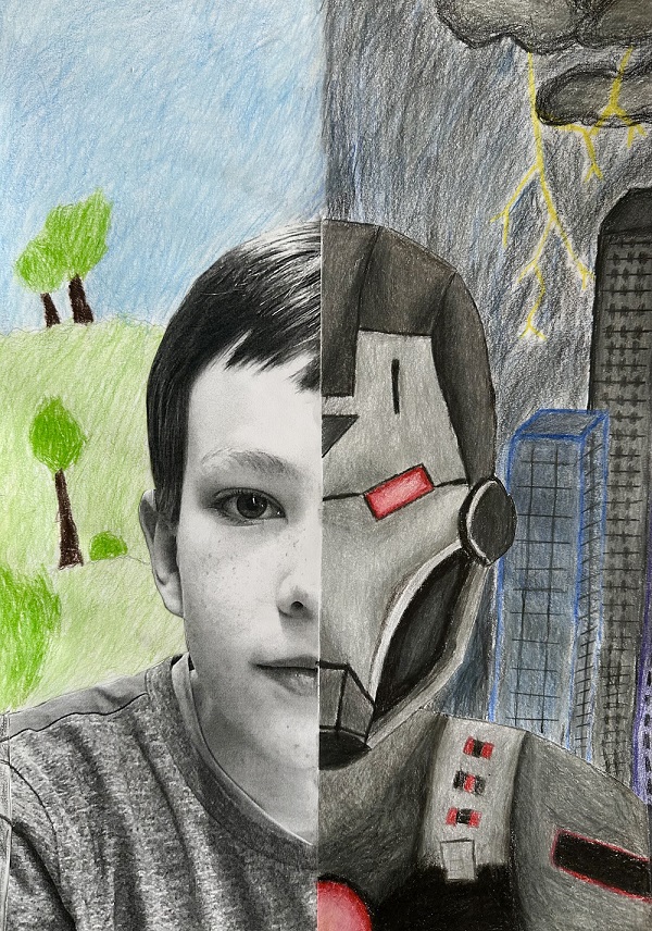 Bild des Monats von Malte G., Klasse 5d - Thema war „Superhelden-Ich“ (Collage, Zeichnung).